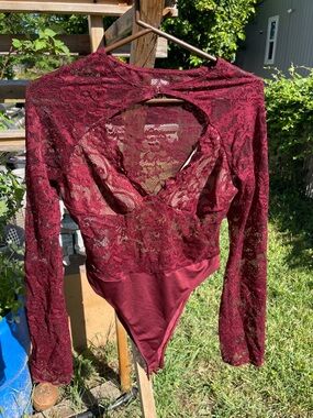 Burgundy Lace Long Sleeve Bodysuit